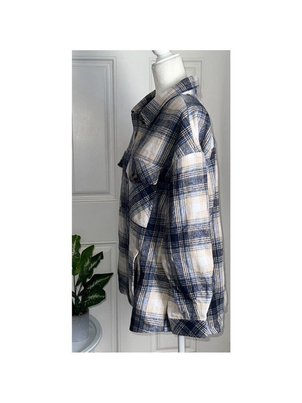 Women's Mittoshop Plaid Shacket L Blue White - Picture 2 of 9